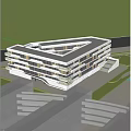 Modern School Building With Glass Facade Open Campus Courtyard Green Plants Flowering Tree And Pedestrians