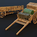 Two Wooden Carts One Empty and One Loaded with Wooden Crates Green Barrel
