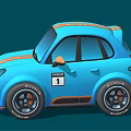 Cute Cartoon Style Blue Car With Orange Accents And Large Sporty Wheels