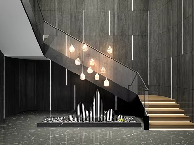 Modern Staircase with Glass Railing Wooden Steps Black Wall Panels and Pendant Lights 3d model