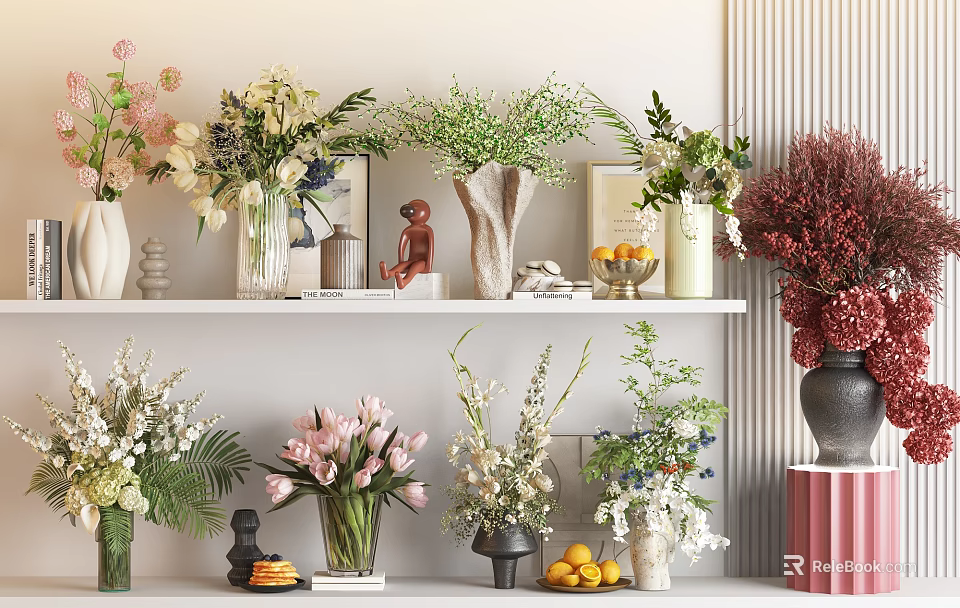 Stylish Vase and Flowers Arrangement with Colorful Blooms Ceramic Glass Vases on Shelves 3d model 