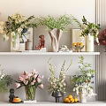 Stylish Vase and Flowers Arrangement with Colorful Blooms Ceramic Glass Vases on Shelves