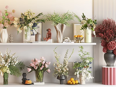 Stylish Vase and Flowers Arrangement with Colorful Blooms Ceramic Glass Vases on Shelves 3d model
