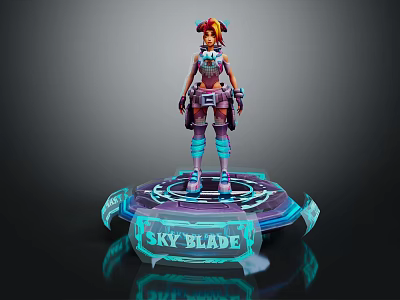 Anime Character With Colorful Hair Standing On Glowing Sky Blade Platform In Decorative Armor 3d model