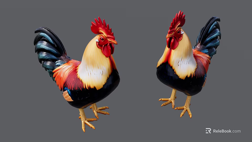 Decorative Colorful Rooster Statues With Vibrant Feathers Red Comb And Yellow Feet 3d model 