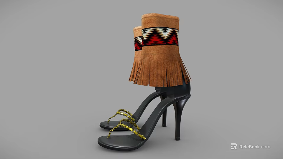 Black High Heels With Gold Chain Decorations And Brown Fringe Boots With Colorful Geometric Patterns 3d model 