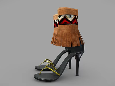 Black High Heels With Gold Chain Decorations And Brown Fringe Boots With Colorful Geometric Patterns 3d model