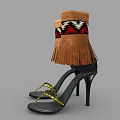 Black High Heels With Gold Chain Decorations And Brown Fringe Boots With Colorful Geometric Patterns
