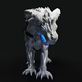 Silver Horned Beast Game Character with Blue Glowing Eyes and Black Gold Harness