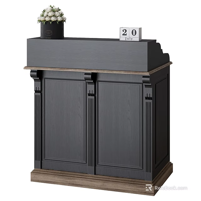 Black Reception Desk With Wooden Trim Cabinets And Calendar On Top 3d model 