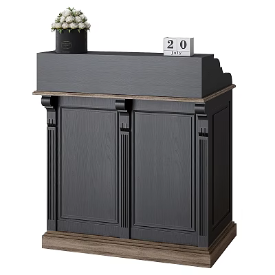 Black Reception Desk With Wooden Trim Cabinets And Calendar On Top 3d model