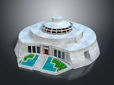 Cartoon Scene Featuring Circular Building With Dome Pools Green Plants Red Door And Steps 3d model