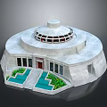 Cartoon Scene Featuring Circular Building With Dome Pools Green Plants Red Door And Steps