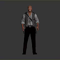Bald Male Character Standing In Gray Vest Light Blue Rolled Sleeves Gun Holster Brown Boots