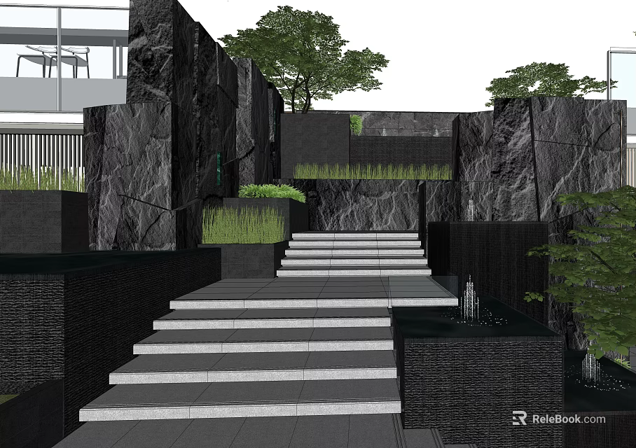 Contemporary Feature Wall Design With Stone Texture Steps And Green Plants 3d model 