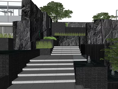 Contemporary Feature Wall Design With Stone Texture Steps And Green Plants 3d model