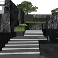 Contemporary Feature Wall Design With Stone Texture Steps And Green Plants