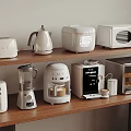 Essential Kitchen Appliances Arranged On Wooden Shelf Including Toaster Kettle Blender And Microwave