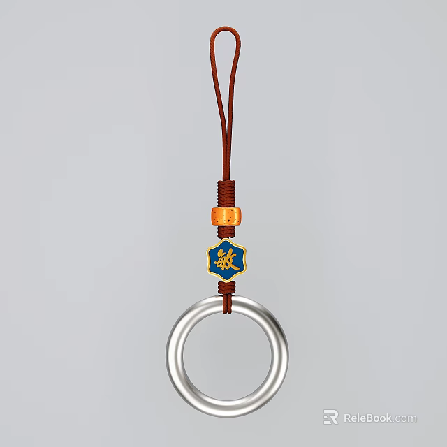 Stylish Phone Lanyard Accessory With Brown Cord Orange Bead Blue Square Pendant And Silver Ring 3d model 