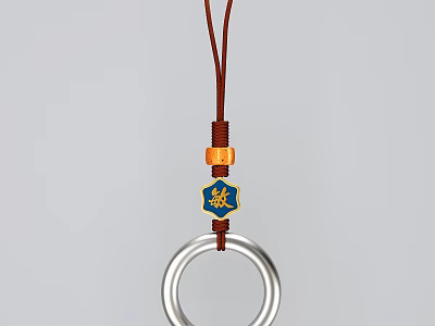 Stylish Phone Lanyard Accessory With Brown Cord Orange Bead Blue Square Pendant And Silver Ring 3d model