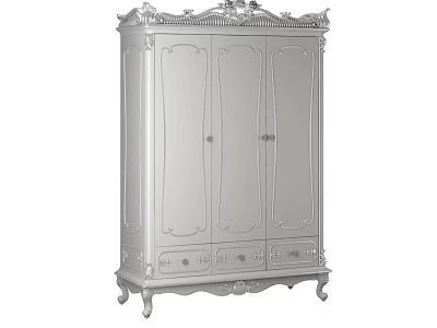 Classical White Wardrobe with Ornate Carved Details Multiple Doors and Drawers 3d model