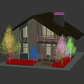 Modern Gabled House With Chimney Wooden Balcony Steps Trees and Grass