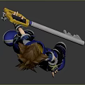 3D Render Of Anime Character With Brown Spiky Hair Blue Outfit Keyblade And Flame Patterns
