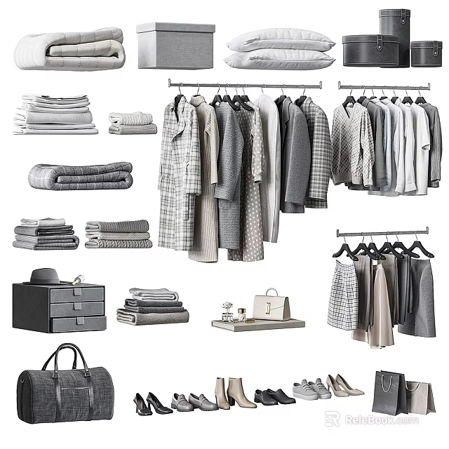 Stylish Clothes Collection on Hangers with Folded Linen Bags and Storage Drawers 3d model 