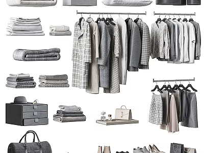Stylish Clothes Collection on Hangers with Folded Linen Bags and Storage Drawers 3d model