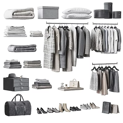 Stylish Clothes Collection on Hangers with Folded Linen Bags and Storage Drawers 3d model