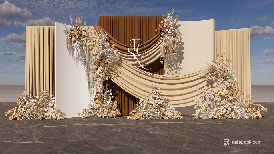 Wedding Photo Check In Spot With Beige Brown Backdrop And Floral Decorations 3d model 