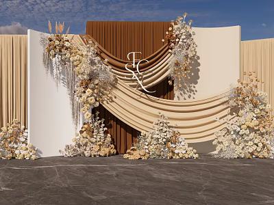 Wedding Photo Check In Spot With Beige Brown Backdrop And Floral Decorations 3d model