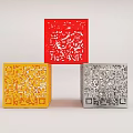 Colorful Cube Sculptures With Hollow Carved Patterns In Red Yellow And Silver