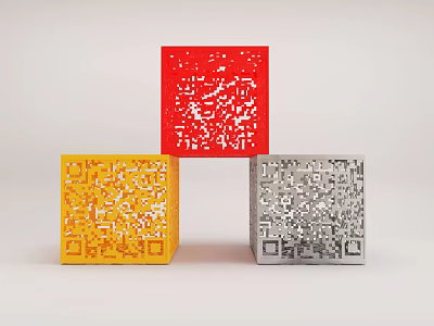 Colorful Cube Sculptures With Hollow Carved Patterns In Red Yellow And Silver 3d model