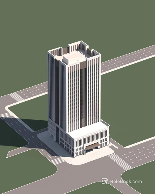 Modern Tall Office Building With Contemporary Facade Large Glass Windows And Surrounding Roads 3d model 