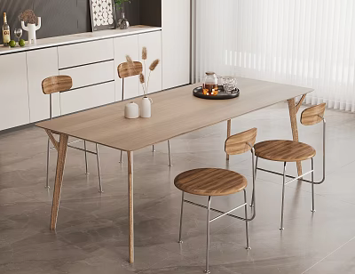 Modern Minimalist Dining Table With Chairs Wooden Tabletop And Metal Legs In Dining Space 3d model