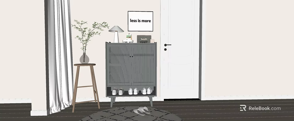 Minimalist Gray Shoe Cabinet with Table Lamp Books and Plant in Simple Interior Design 3d model 