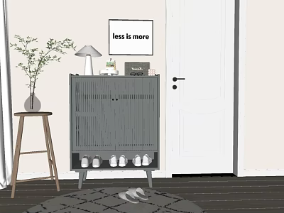 Minimalist Gray Shoe Cabinet with Table Lamp Books and Plant in Simple Interior Design 3d model