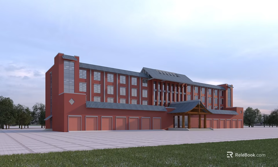 Red Exterior Office Building With Multiple Windows Gray Roof Distinctive Entrance Front Plaza And Grassland 3d model 