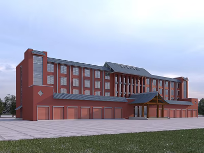 Red Exterior Office Building With Multiple Windows Gray Roof Distinctive Entrance Front Plaza And Grassland 3d model