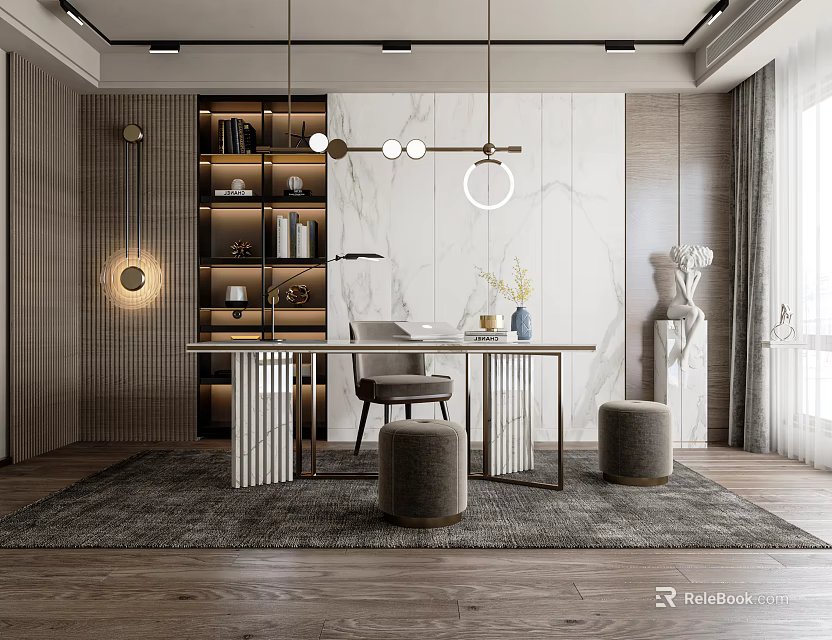 Modern Study Room Interior with Bookshelf Writing Desk Hanging Lamps and Marble Wall Decorative Items 3d model 