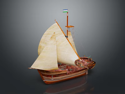 Vintage Wooden Sailboat Model With White Sails And Flag On Mast 3d model