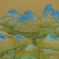 Scenic Traditional Chinese Garden Landscape With Blue Yellow Mountains And Flowing River