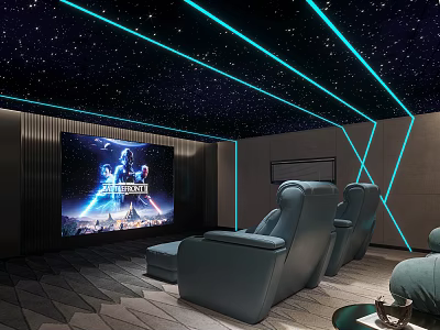 Home Theater With Starry Ceiling Blue LED Strips Large Screen TV And Comfy Leather Recliners 3d model