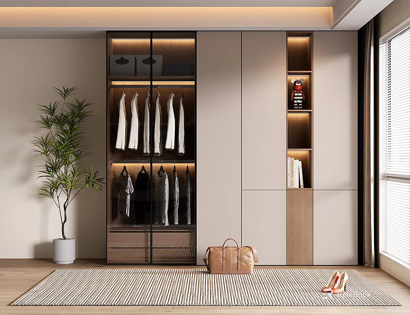 Modern Wardrobe Interior With Glass Doors Hanging Clothes Open Shelves Handbag And Shoes 3d model 