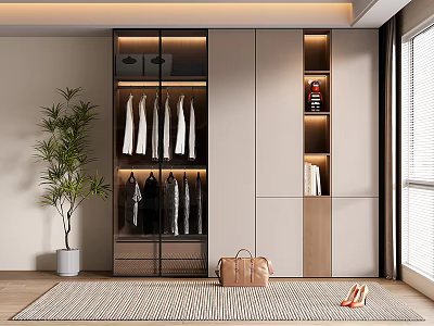 Modern Wardrobe Interior With Glass Doors Hanging Clothes Open Shelves Handbag And Shoes 3d model