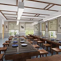 School Classroom Interior With Long Tables Wooden Stools Wooden Ceiling Hanging Lights And Bookshelves