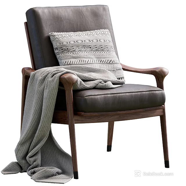 Comfortable Accent Chair With Leather Seat Wooden Armrests Throw Pillow And Knit Blanket 3d model 