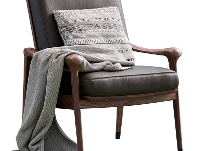 Comfortable Accent Chair With Leather Seat Wooden Armrests Throw Pillow And Knit Blanket 3d model