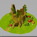 Lush Green Grassy Scene with Wooden Stumps Red and Orange Mushrooms and Small Plants